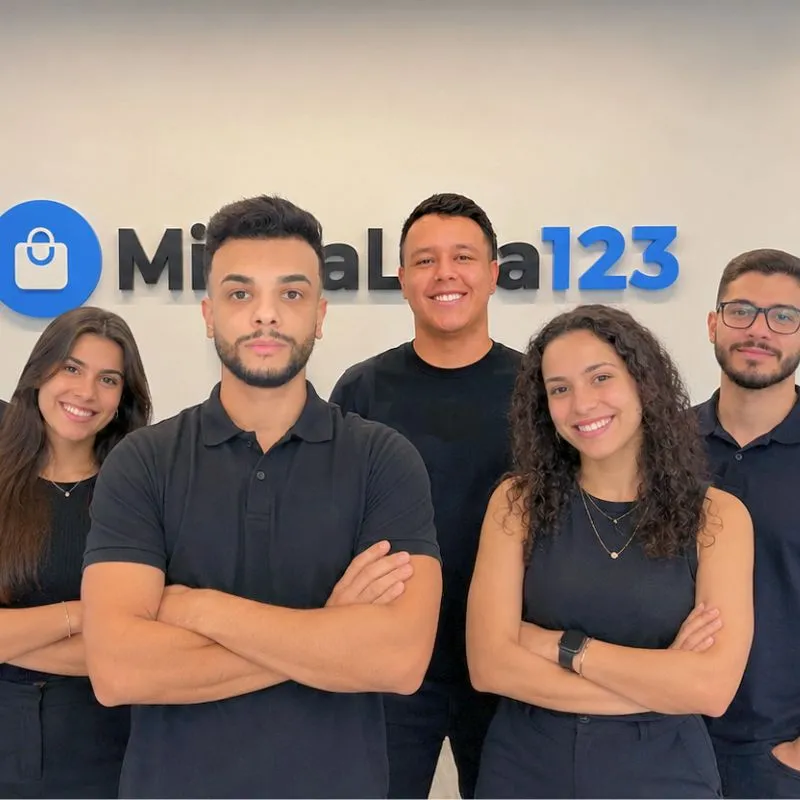 Equipe MinhaLoja123 reunida em frente ao logo da empresa